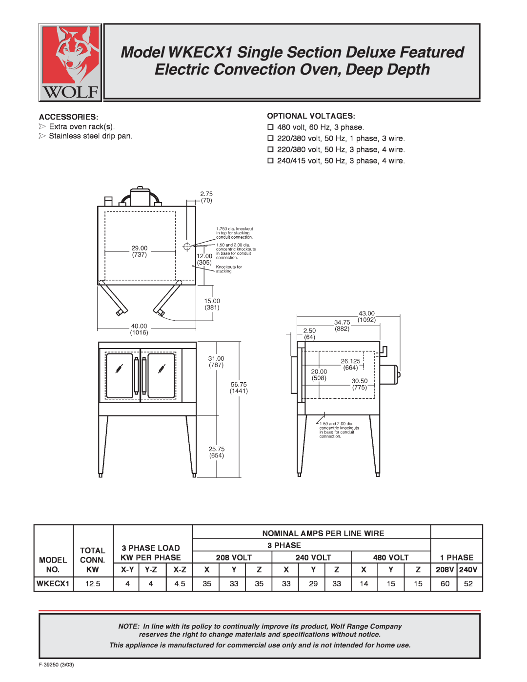 Wolf warranty Model WKECX1 Single Section Deluxe Featured, Electric Convection Oven, Deep Depth 