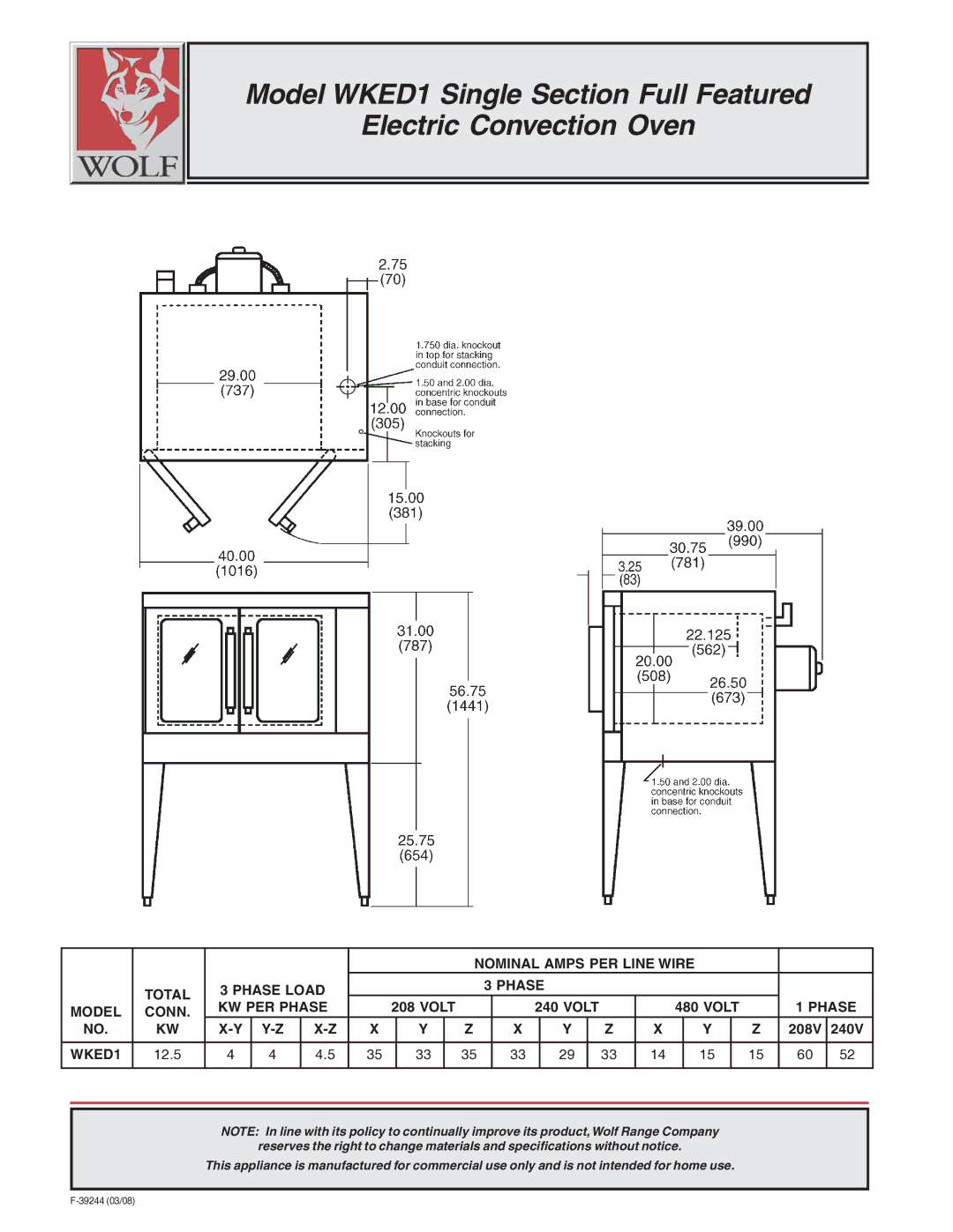 Wolf WKED1 warranty Nominal Amps PER Line Wire Total Phase Load KW PER Phase, Model Conn 