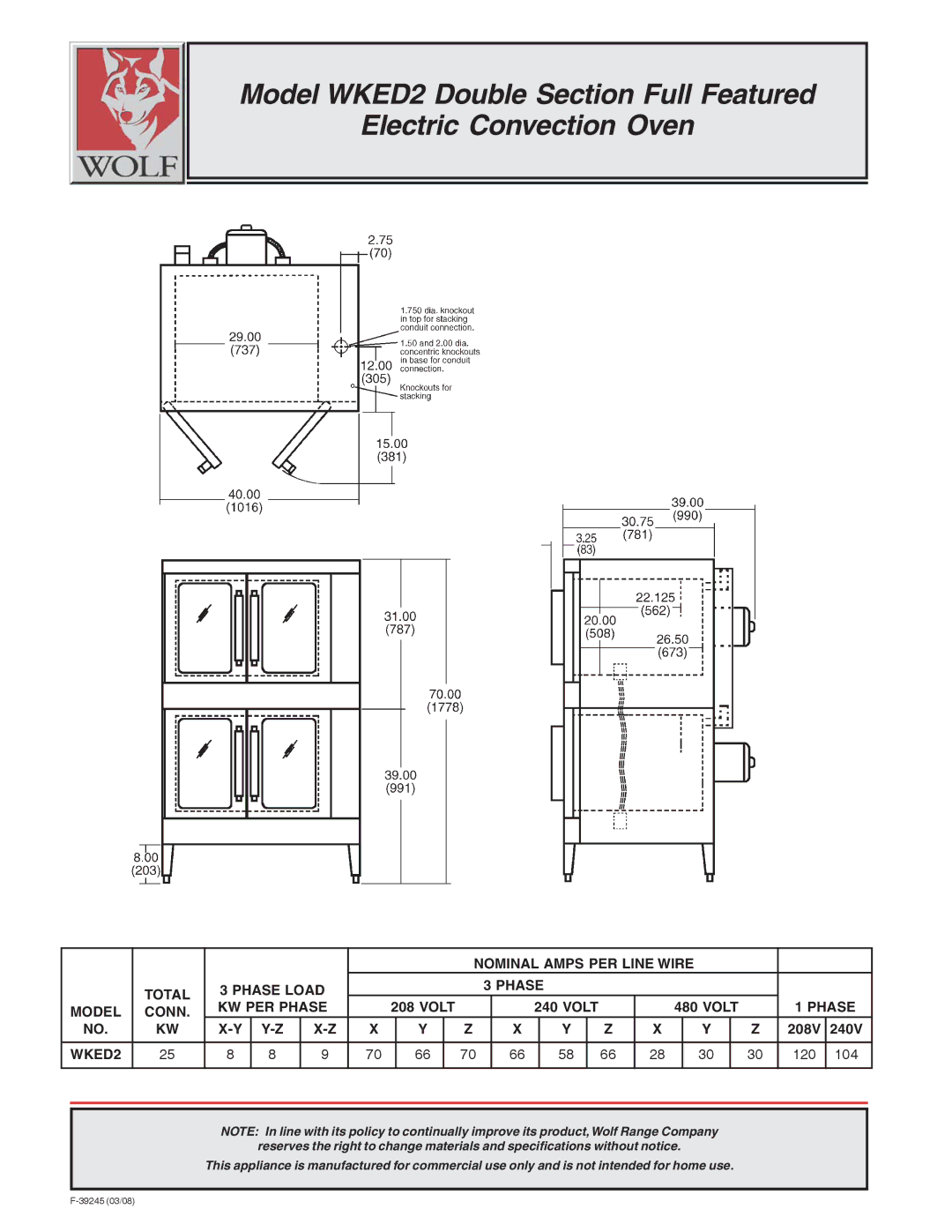 Wolf WKED2 warranty Nominal Amps PER Line Wire Total Phase Load KW PER Phase, Model Conn 