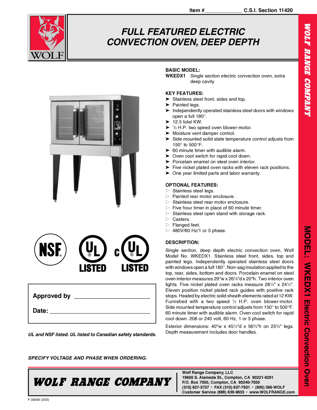 Wolf WKEDX1 warranty Basic Model, KEY Features, Optional Features, Description 