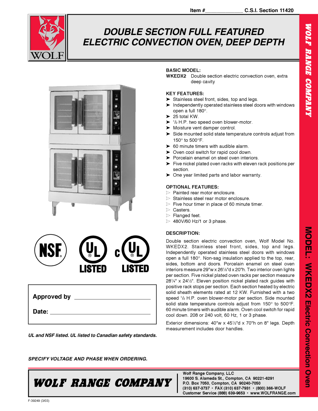 Wolf WKEDX2 warranty Basic Model, KEY Features, Optional Features, Description 