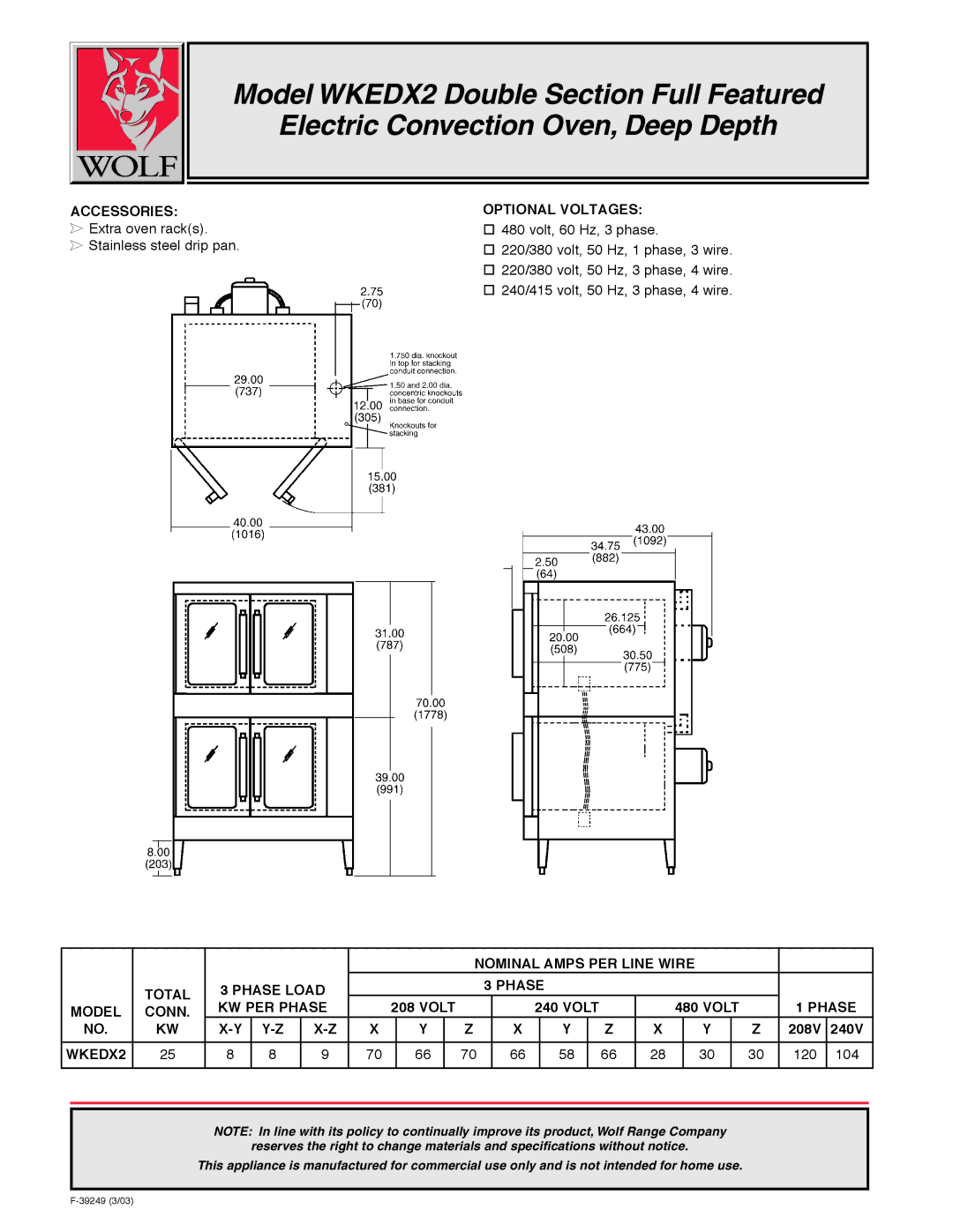 Wolf WKEDX2 warranty Accessories, Optional Voltages, Nominal Amps PER Line Wire Total Phase Load KW PER Phase, Model Conn 