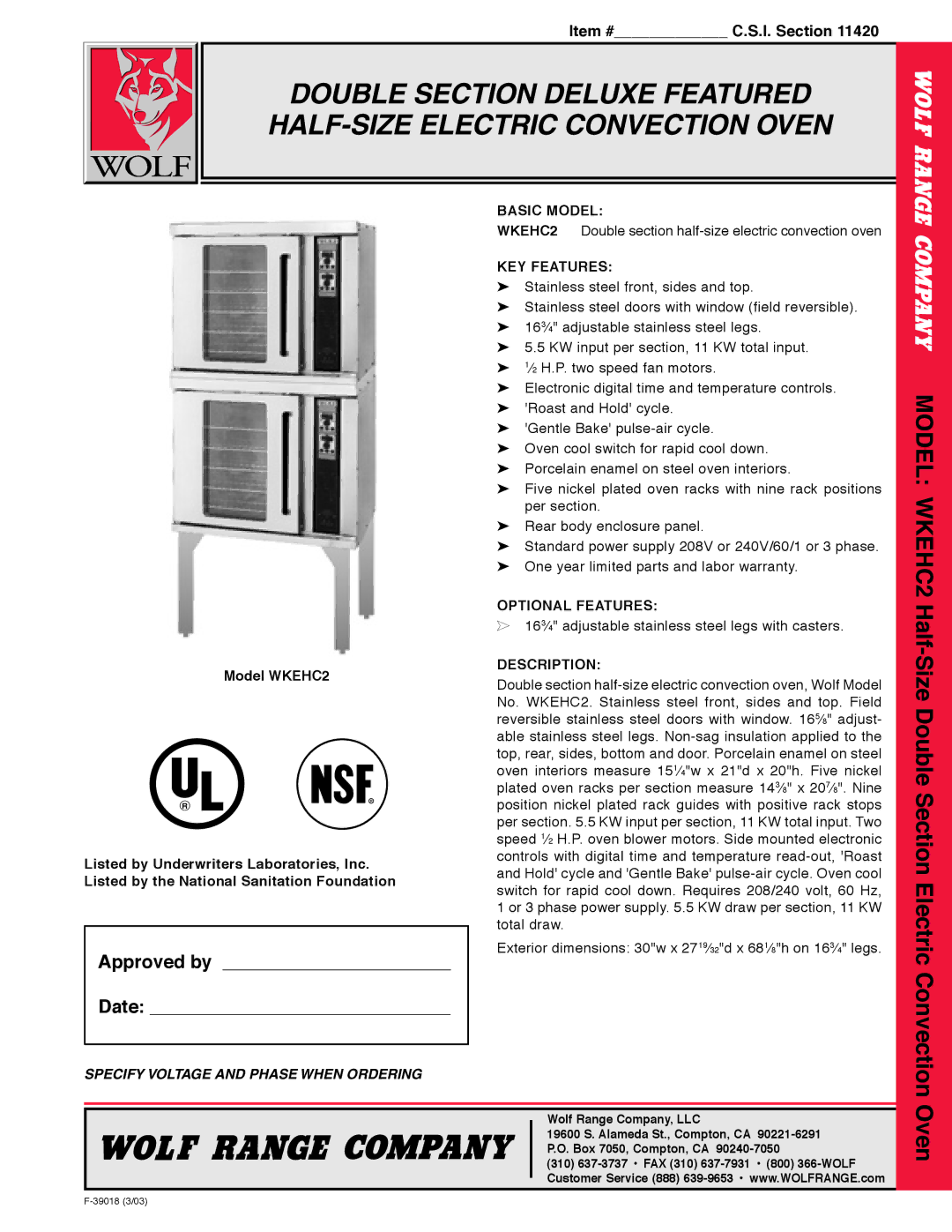 Wolf WKEHC2 warranty Basic Model, KEY Features, Optional Features, Description 