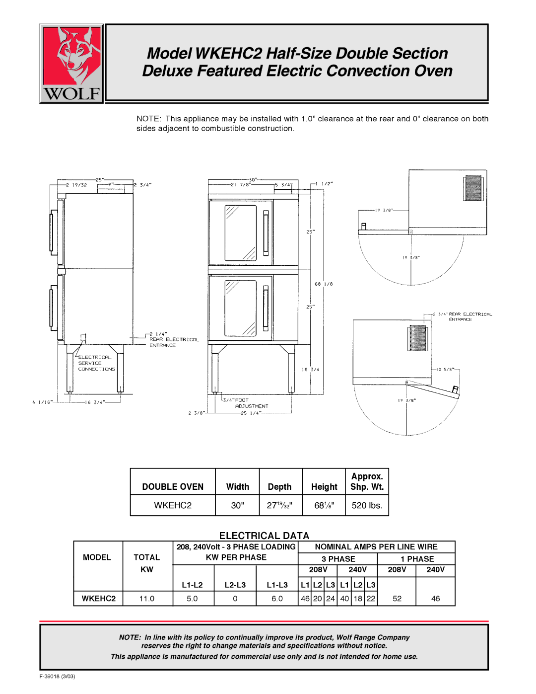 Wolf WKEHC2 warranty Nominal Amps PER Line Wire Model Total KW PER Phase 