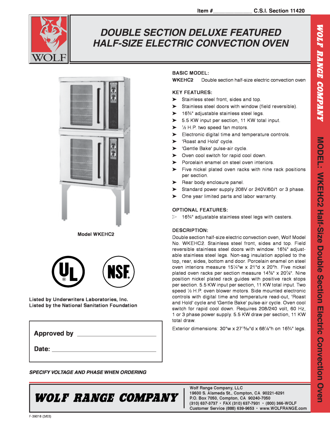 Wolf WKEHC2 warranty Double Section Deluxe Featured Half-Size Electric Convection Oven, Item # C.S.I. Section 