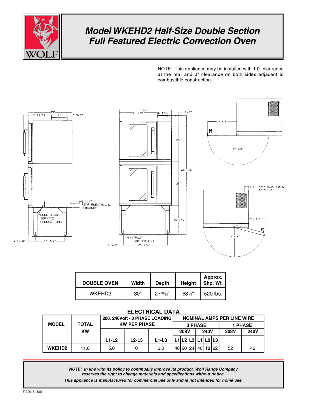 Wolf WKEHD2 warranty Electrical Data, Nominal Amps PER Line Wire Model Total KW PER Phase 