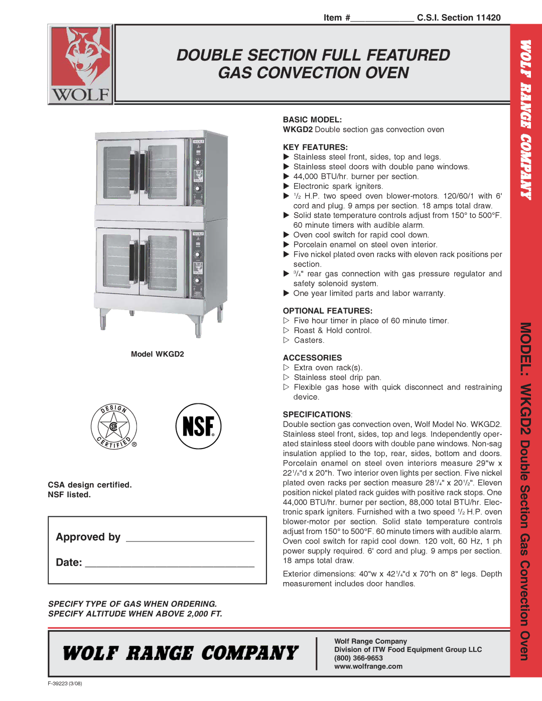 Wolf WKGD2 warranty Double Section Full Featured GAS Convection Oven, Approved by Date 