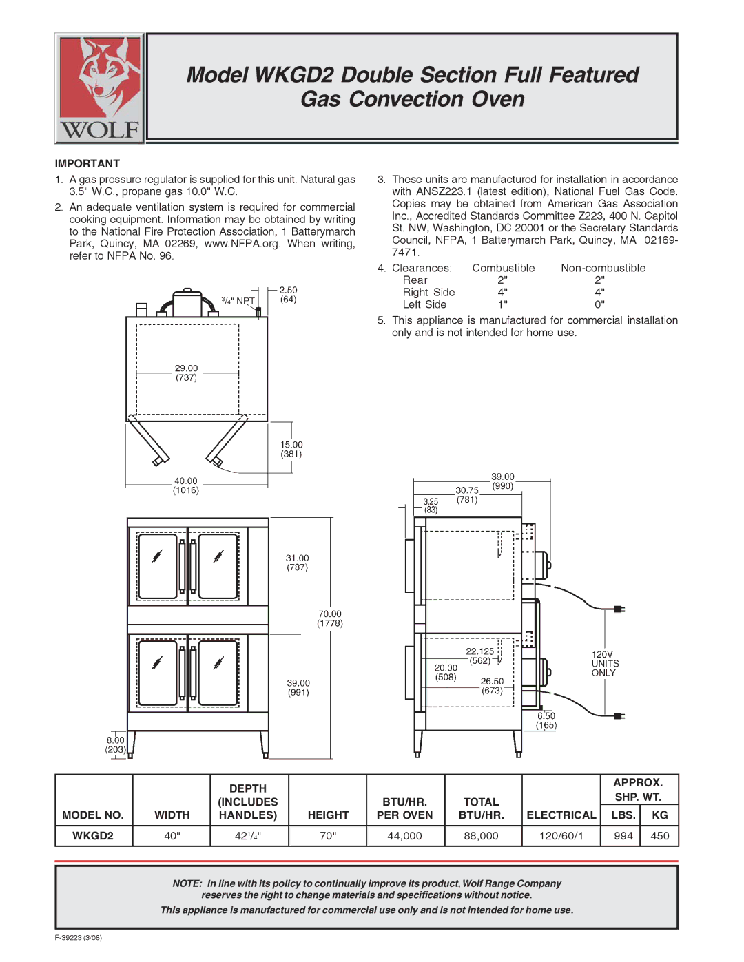 Wolf WKGD2 warranty 421/4 44,000 88,000 120/60/1 994 450 