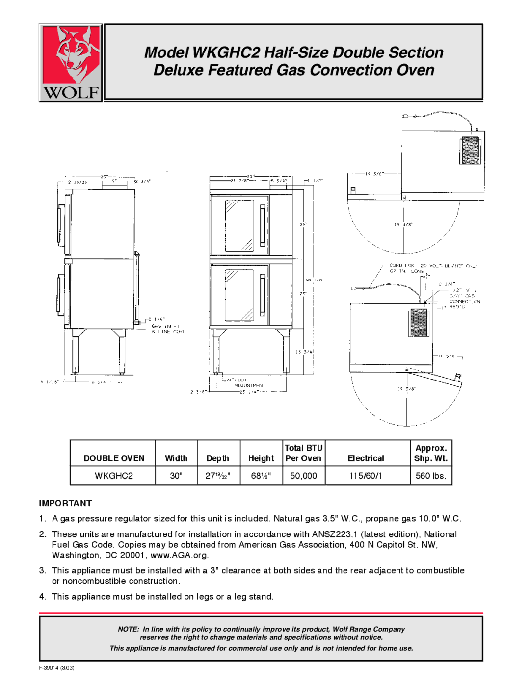 Wolf WKGHC2 warranty Total BTU Approx, Double Oven, Depth, Shp. Wt 