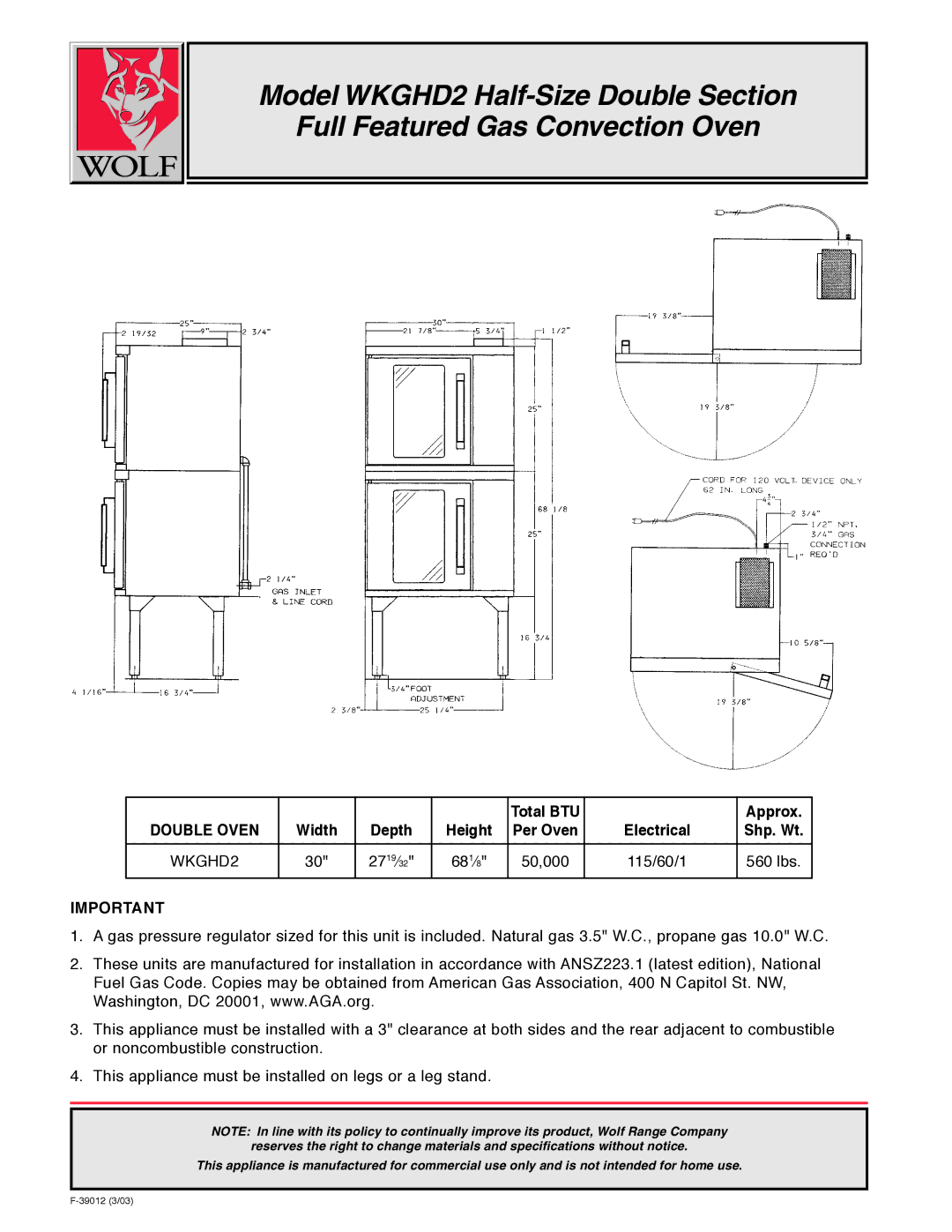 Wolf WKGHD2 warranty Total BTU Approx, Double Oven, Depth, Shp. Wt 