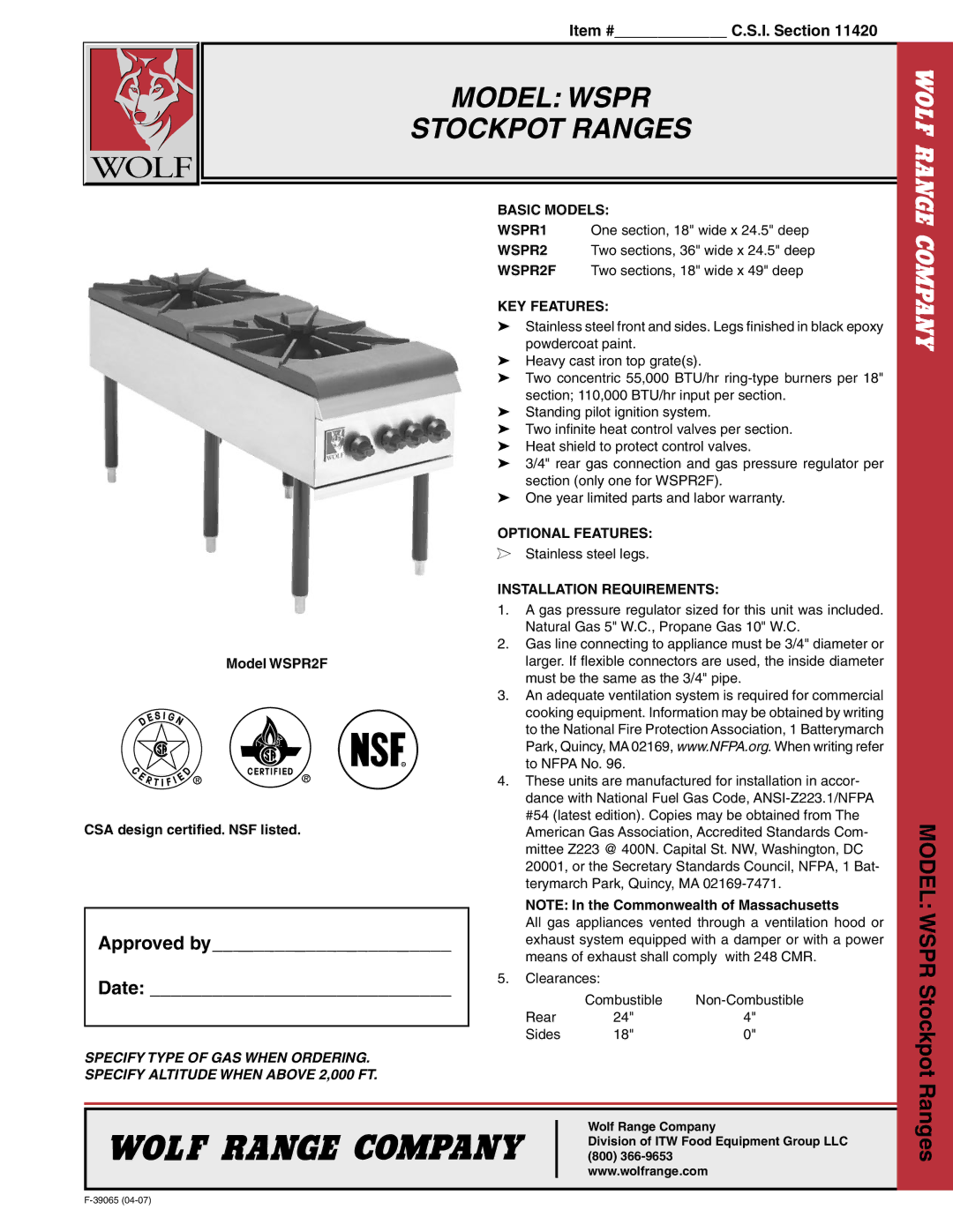 Wolf WSPR1, WSPR2F warranty Model Wspr Stockpot Ranges, Approved by Date 