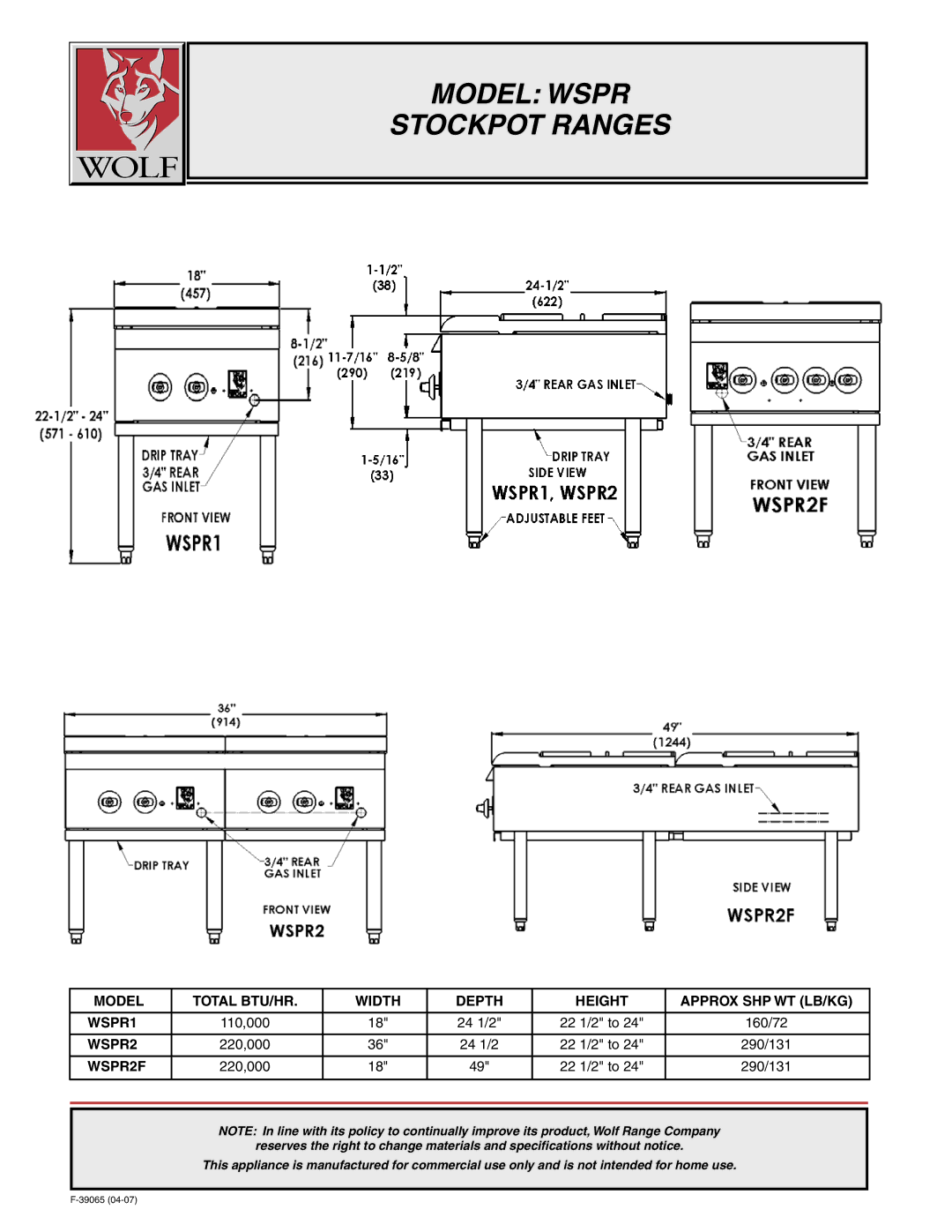 Wolf WSPR2F, WSPR1 warranty 