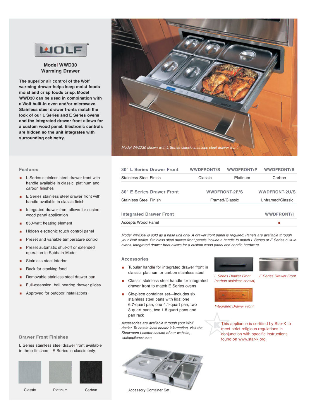 Wolf WWD30 manual Features, Series Drawer Front, Integrated Drawer Front, Drawer Front Finishes, Accessories 