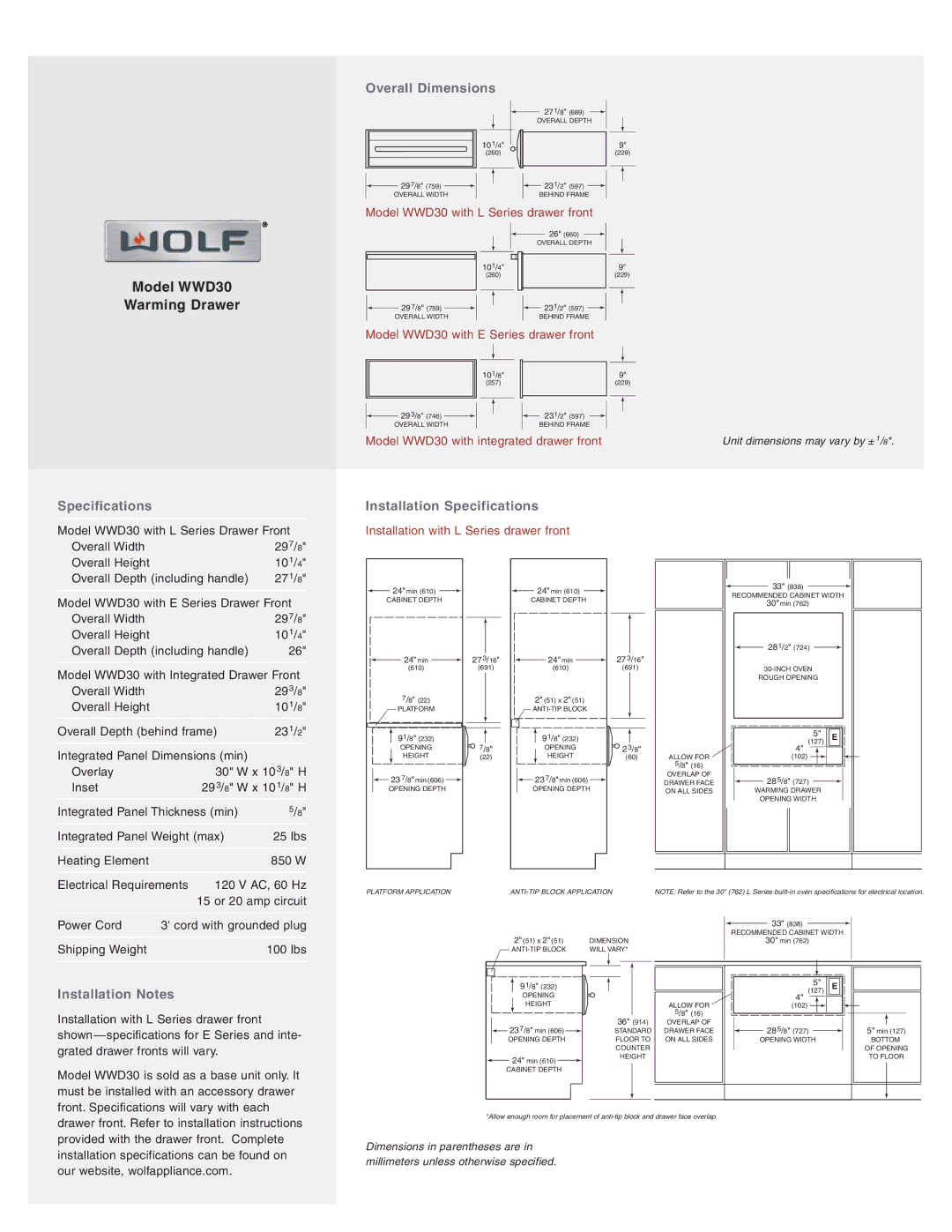 Wolf WWD30 manual Overall Dimensions, Installation Specifications, Installation Notes 