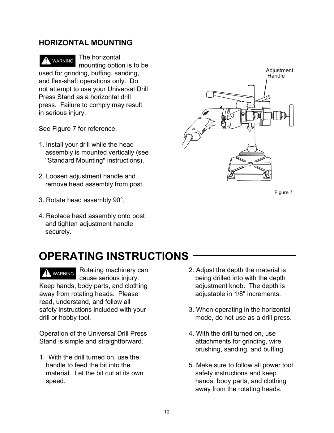 Wolfcraft 3408 manual Operating Instructions, Horizontal Mounting 