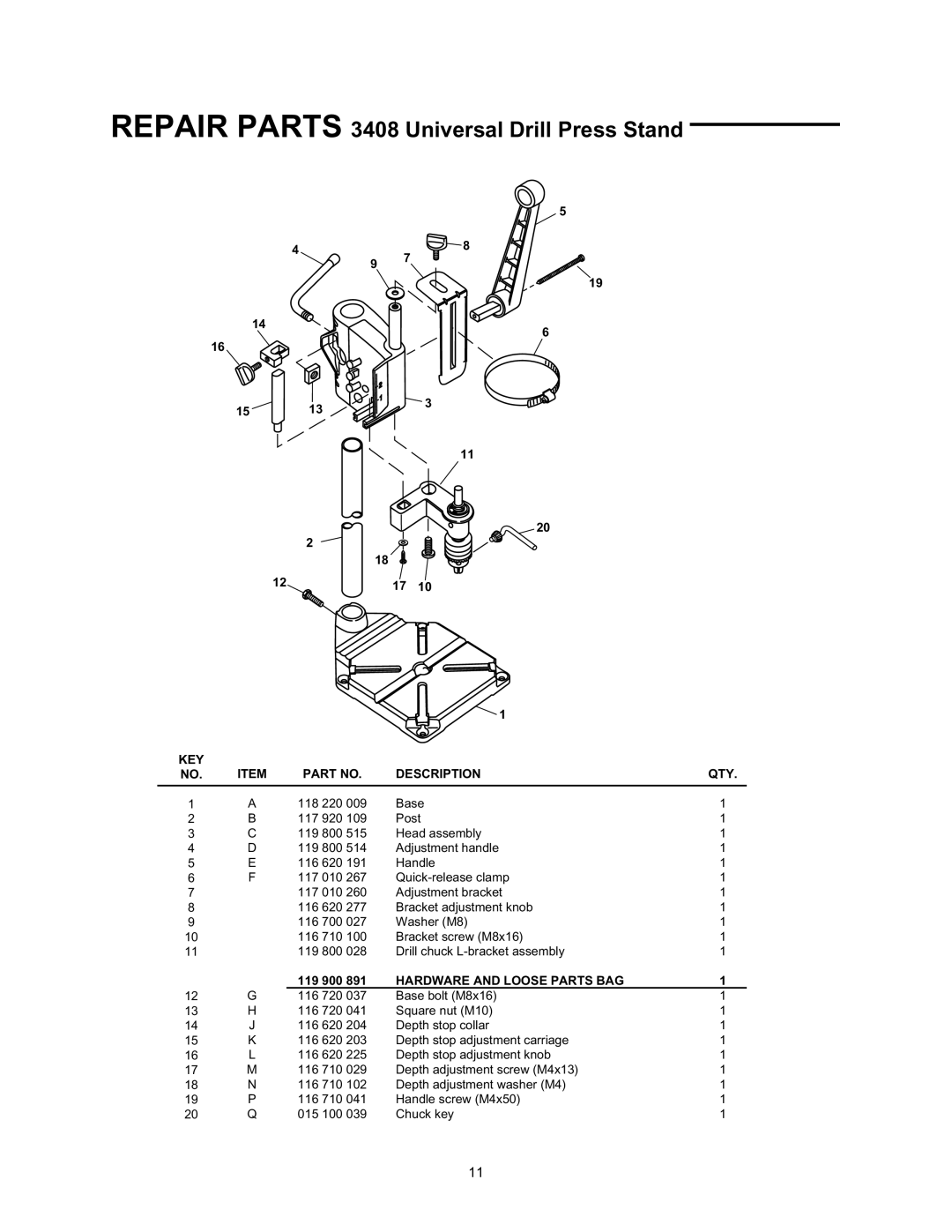 Wolfcraft manual Repair Parts 3408 Universal Drill Press Stand, KEY Description QTY 