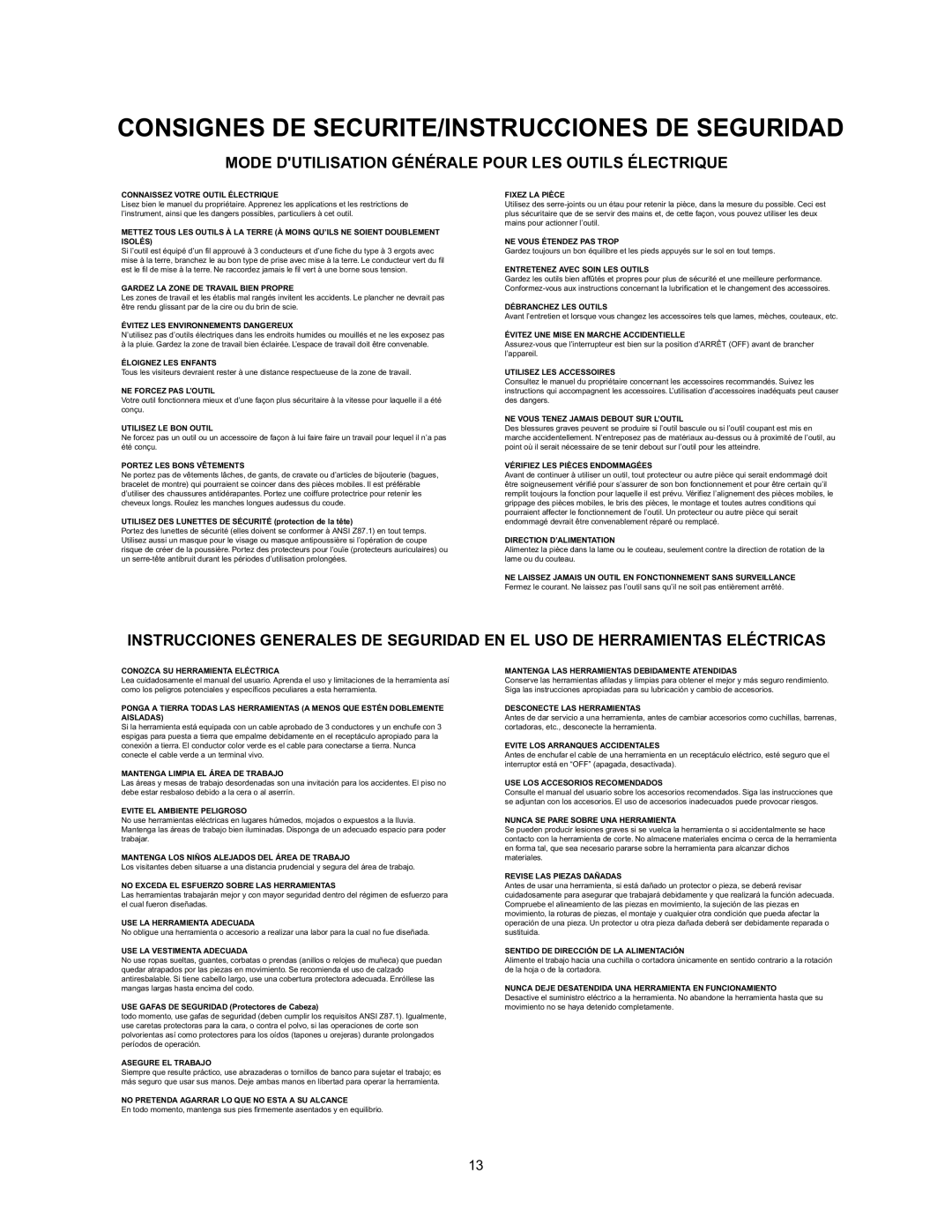 Wolfcraft 3408 Consignes DE SECURITE/INSTRUCCIONES DE Seguridad, Mode Dutilisation Générale Pour LES Outils Électrique 