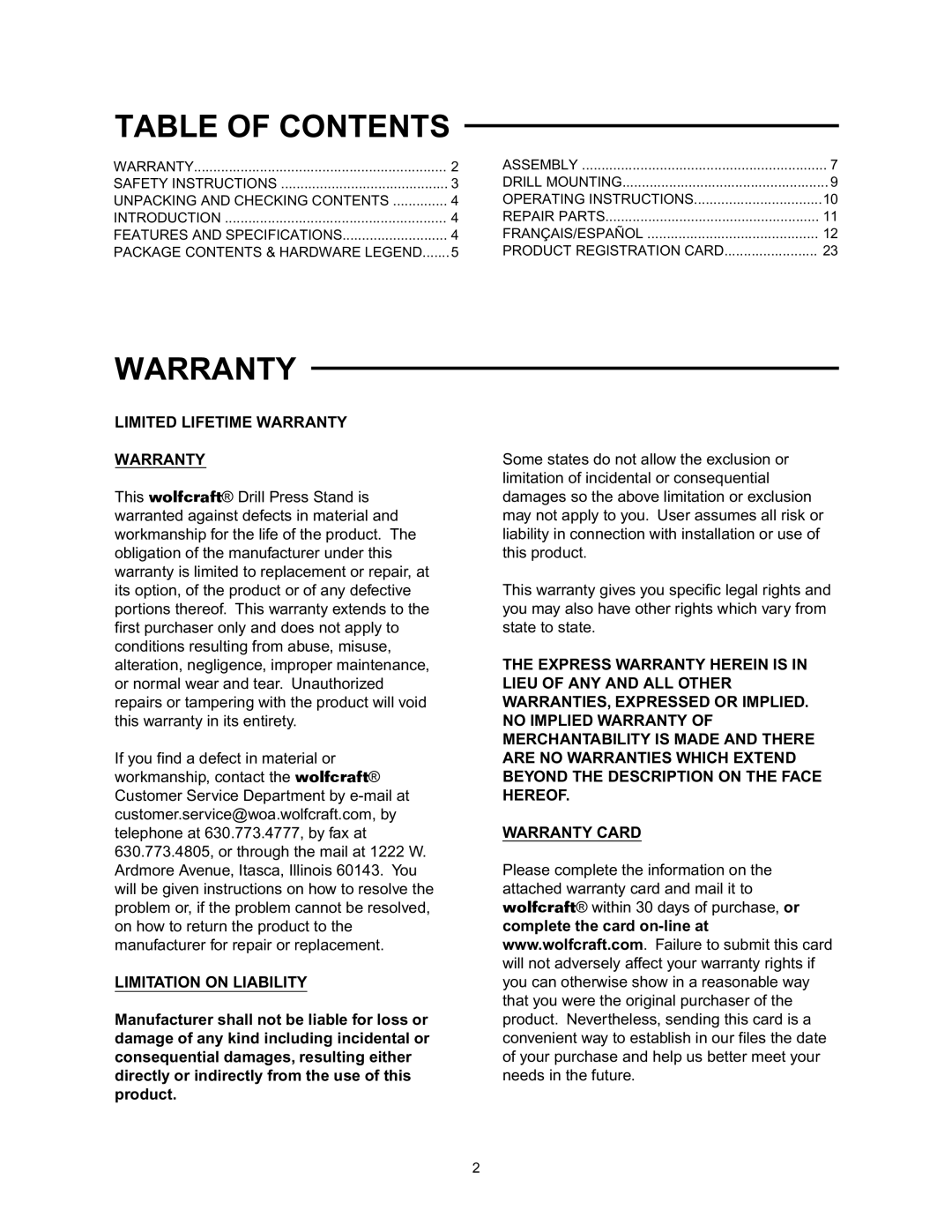 Wolfcraft 3408 manual Table of Contents, Warranty 