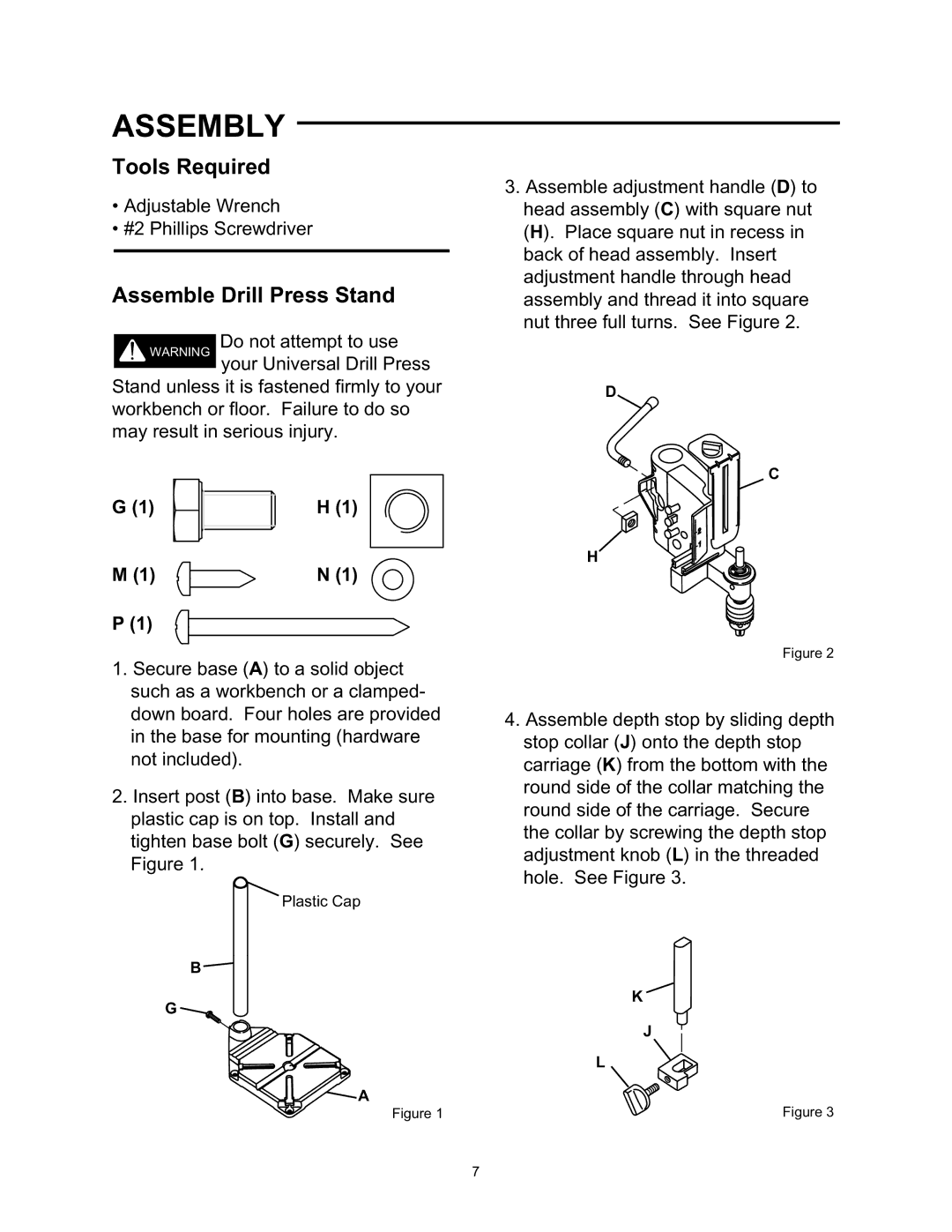 Wolfcraft 3408 manual Assembly, Tools Required, Assemble Drill Press Stand 