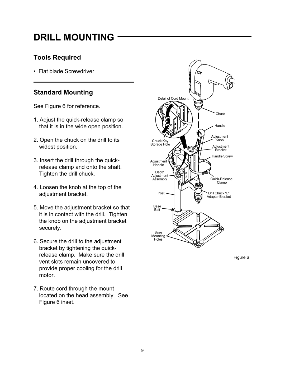 Wolfcraft 3408 manual Drill Mounting, Standard Mounting 