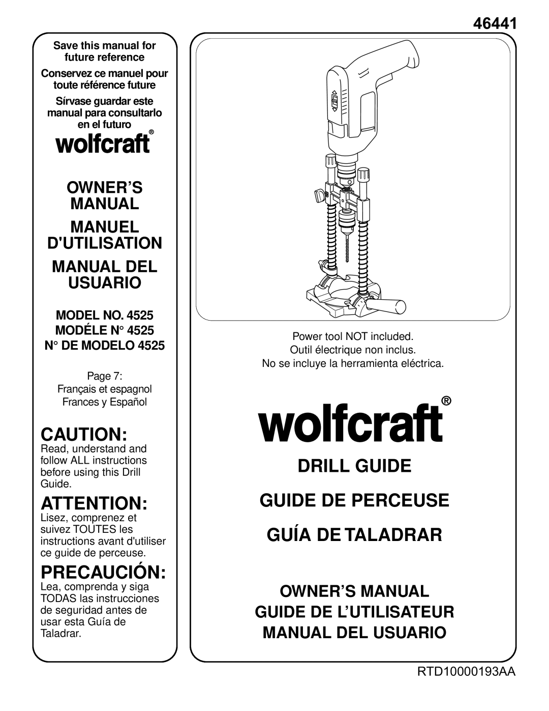 Wolfcraft 4525 manual Precaución, Drill Guide Guide DE Perceuse Guía DE Taladrar 