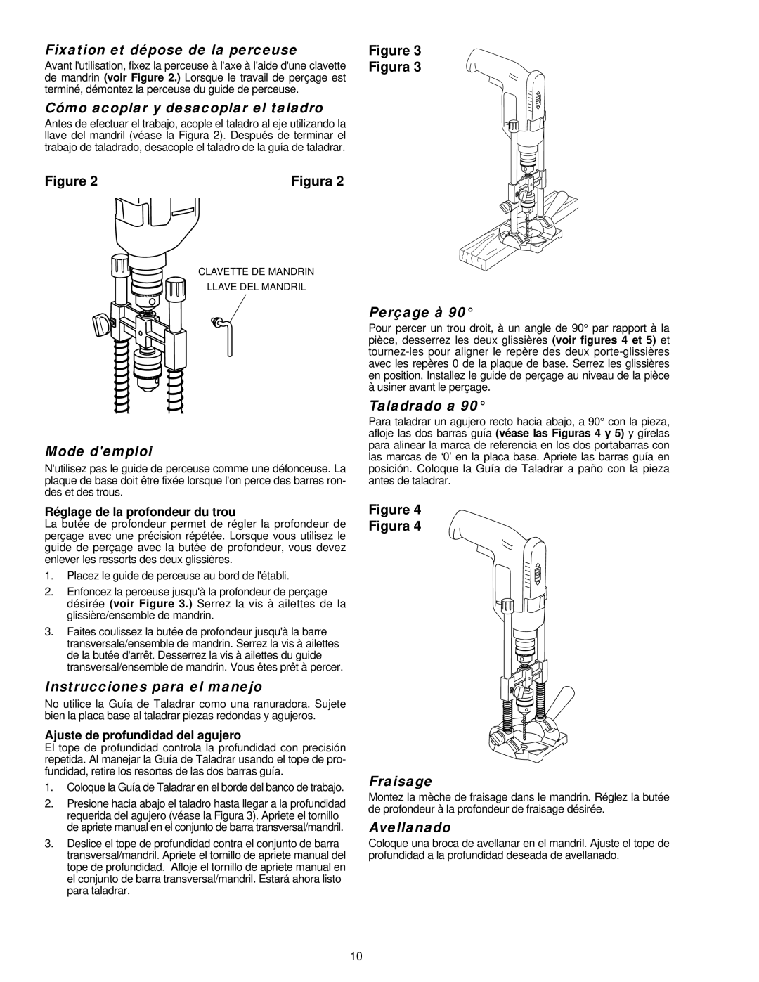 Wolfcraft 4525 Fixation et dépose de la perceuse, Cómo acoplar y desacoplar el taladro, Mode demploi, Perçage à, Fraisage 