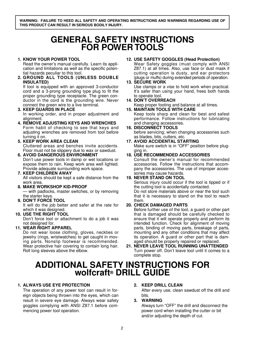 Wolfcraft 4525 manual General Safety Instructions For Power Tools, Additional Safety Instructions for 