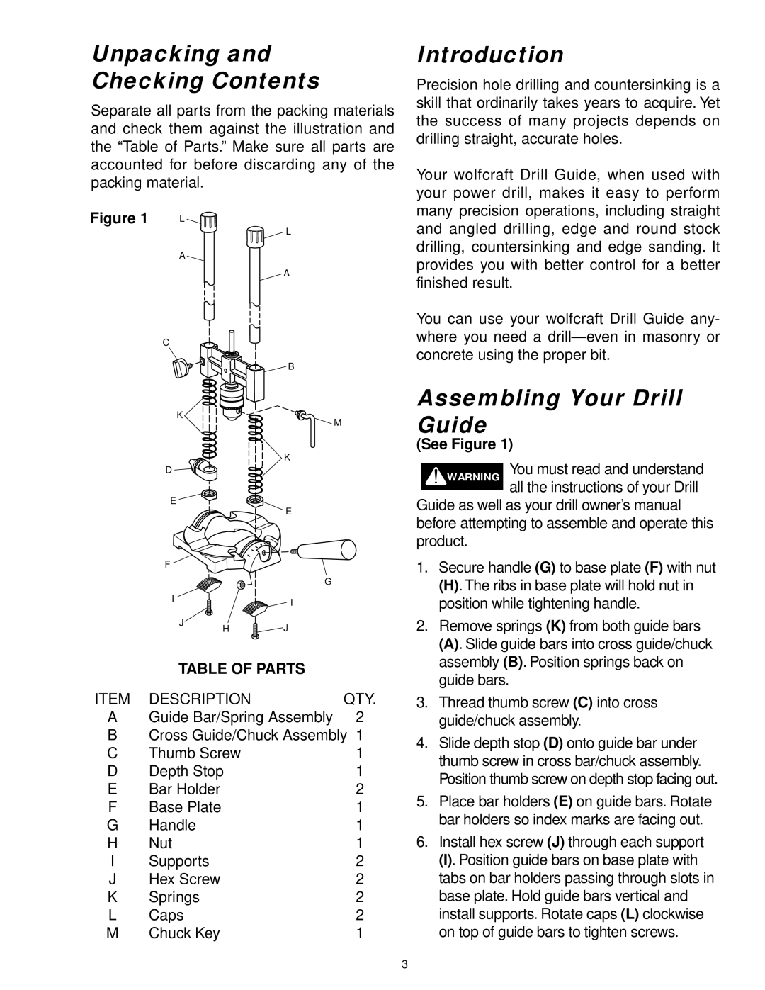 Wolfcraft 4525 manual Unpacking and Checking Contents, Introduction, Assembling Your Drill Guide 