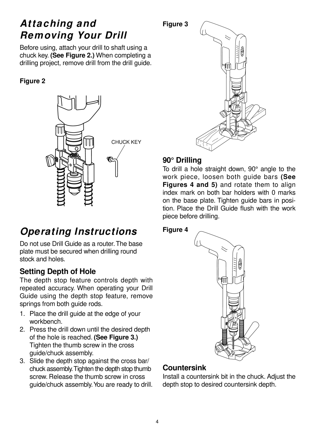 Wolfcraft 4525 Attaching and Removing Your Drill, Operating Instructions, Setting Depth of Hole, Drilling, Countersink 