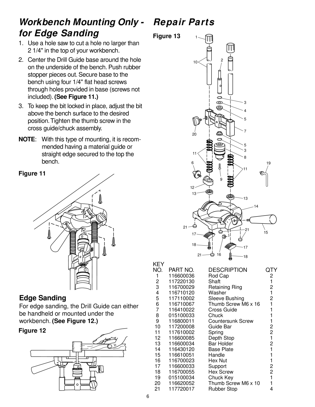 Wolfcraft 4525 manual Workbench Mounting Only for Edge Sanding, Repair Parts 