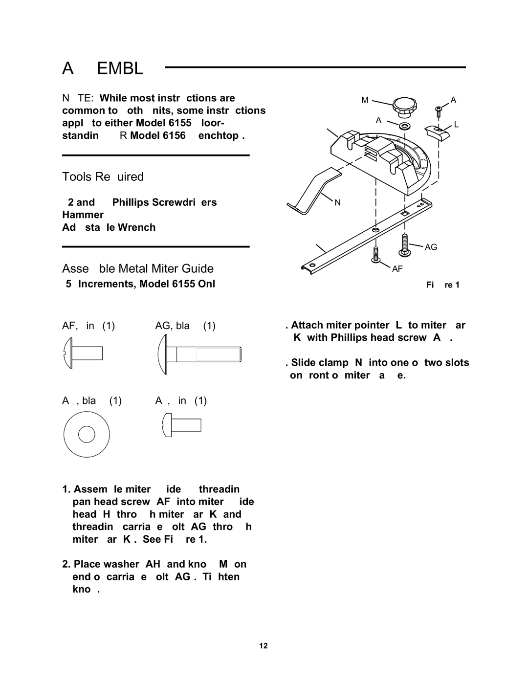 Wolfcraft 6156, 6155 manual Assembly, Tools Required, Assemble Metal Miter Guide, AF, zinc AG, black AH, black AJ, zinc 