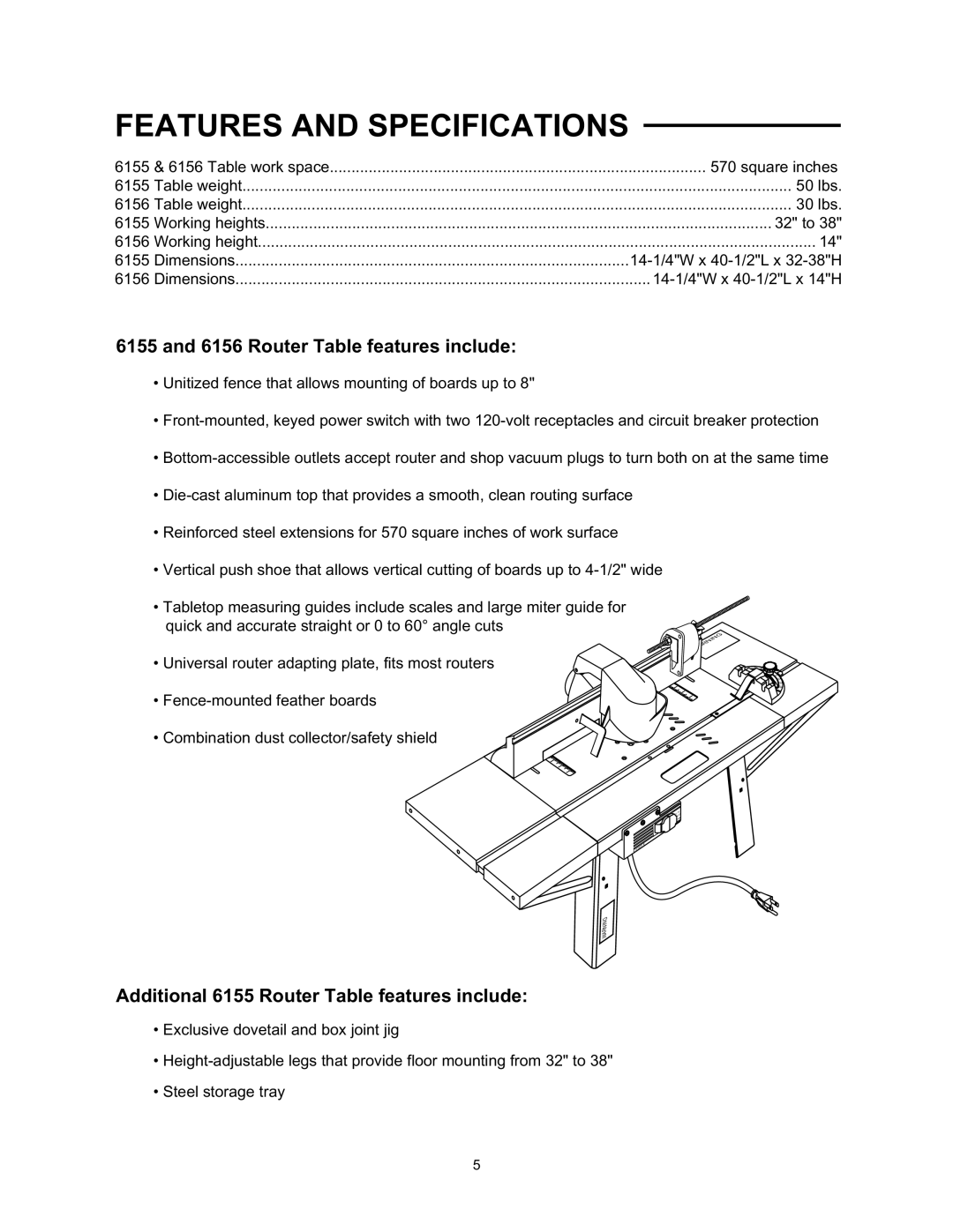 Wolfcraft 6156 manual Features and Specifications, Additional 6155 Router Table features include 