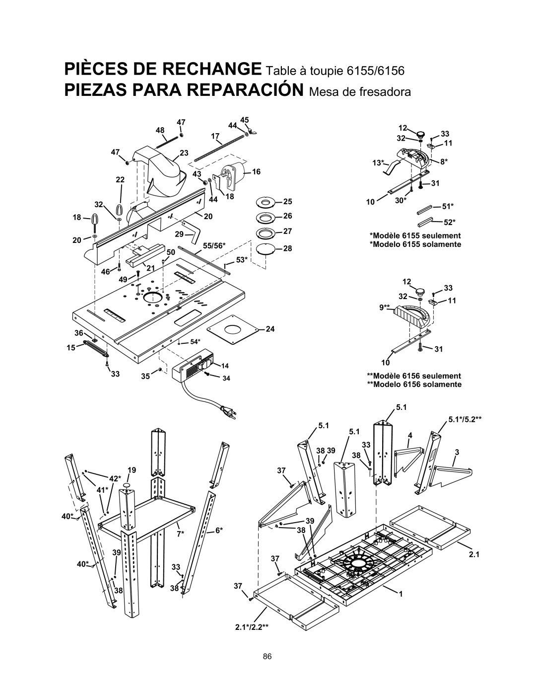 Wolfcraft 6156, 6155 manual Piezas Para Reparación Mesa de fresadora 