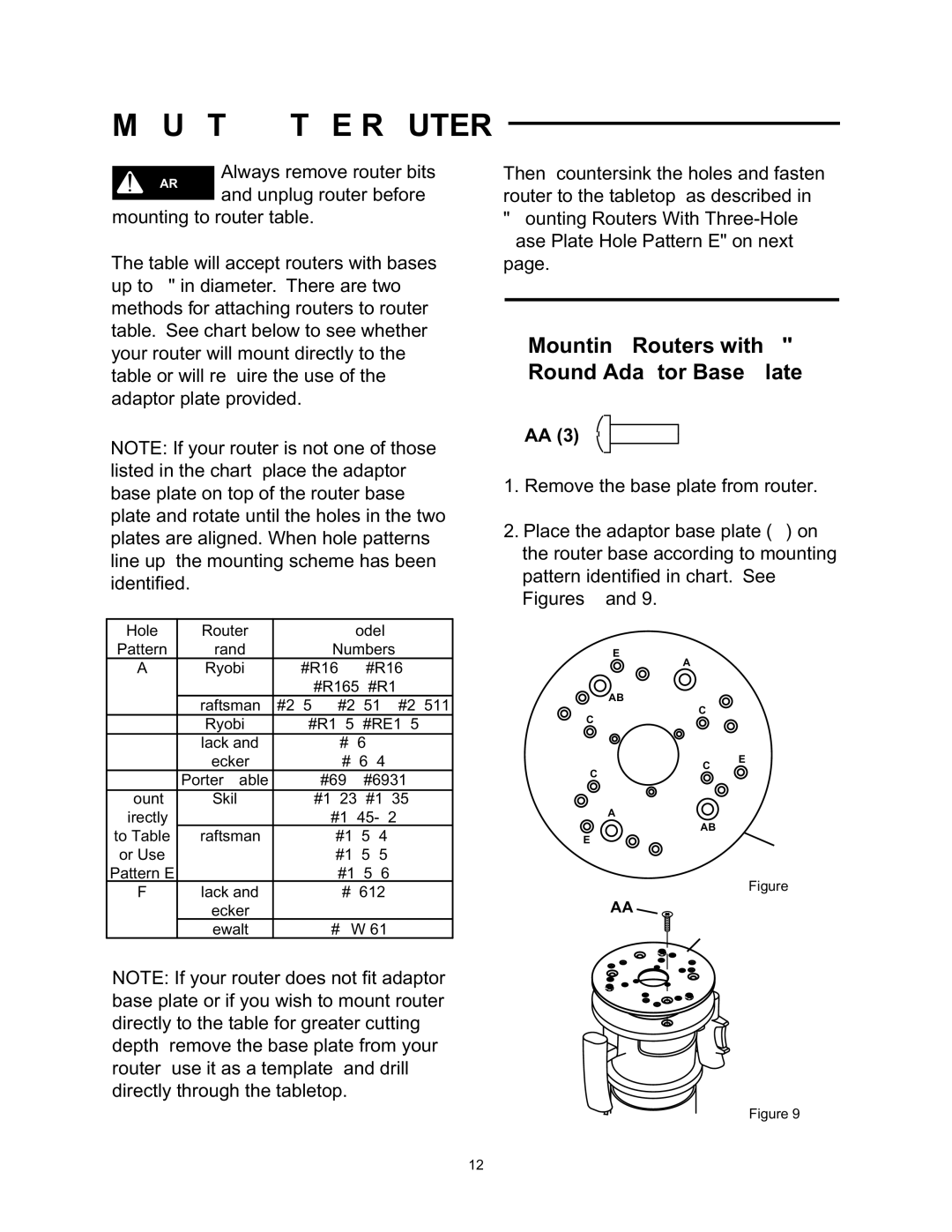 Wolfcraft 6157 manual Mounting the Router, Mounting Routers with 7 Round Adaptor Base Plate 