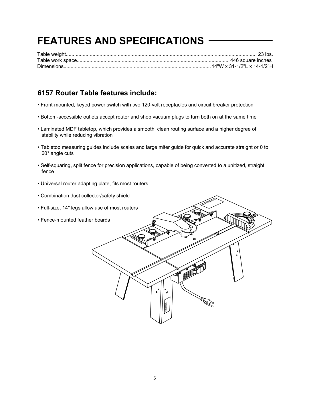 Wolfcraft 6157 manual Features and Specifications, Router Table features include 