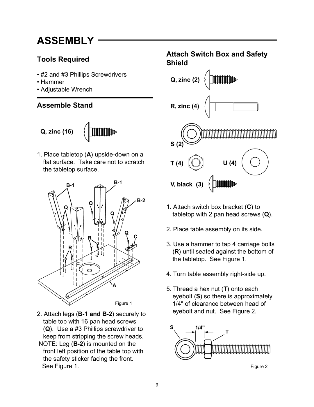 Wolfcraft 6157 manual Assembly, Tools Required, Assemble Stand, Attach Switch Box and Safety Shield 