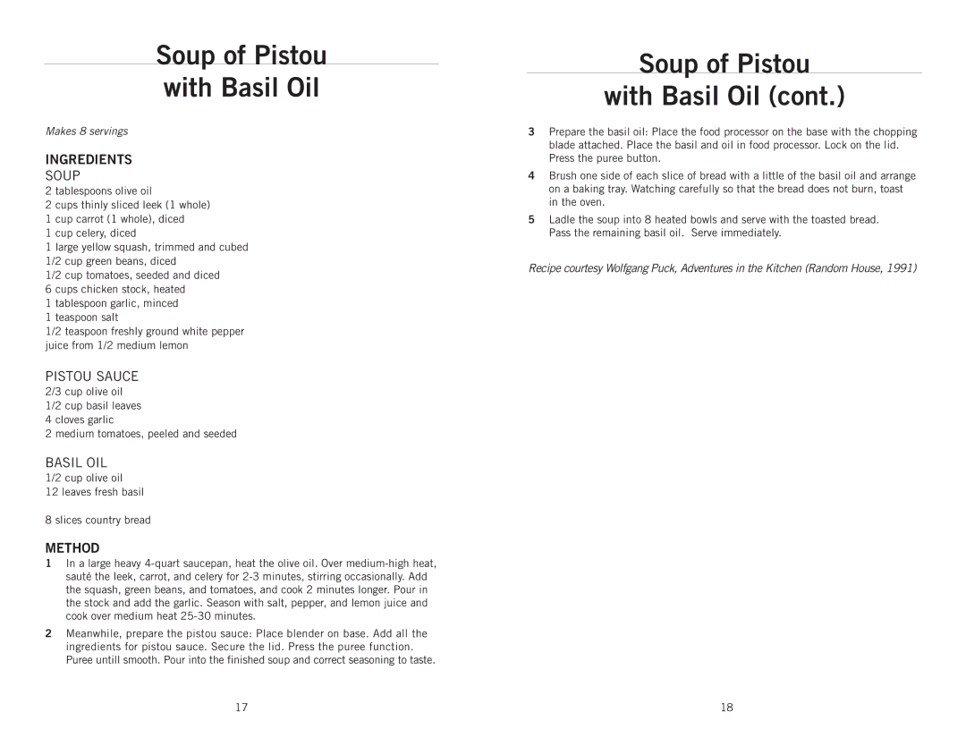 Wolfgang Puck BBLFP001 operating instructions Soup of Pistou With Basil Oil, Soup of Pistou with Basil Oil 