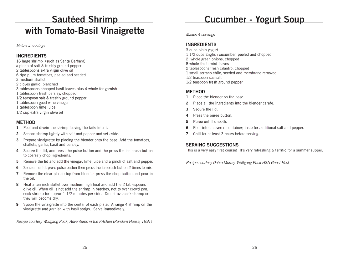 Wolfgang Puck BBLFP001 operating instructions Sautéed Shrimp With Tomato-Basil Vinaigrette, Cucumber Yogurt Soup 