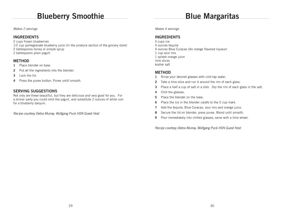 Wolfgang Puck BBLFP001 operating instructions Blueberry Smoothie, Blue Margaritas 