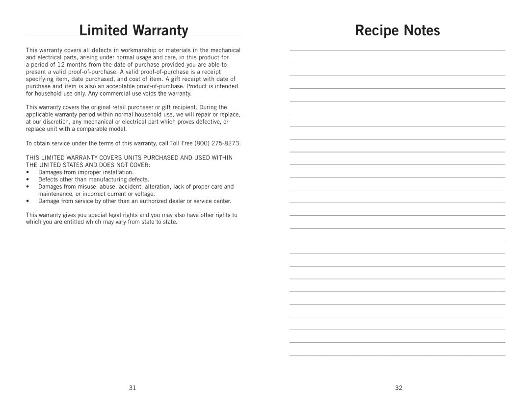 Wolfgang Puck BBLFP001 operating instructions Limited Warranty, Recipe Notes 