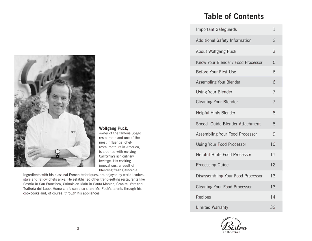 Wolfgang Puck BBLFP001 operating instructions Table of Contents 