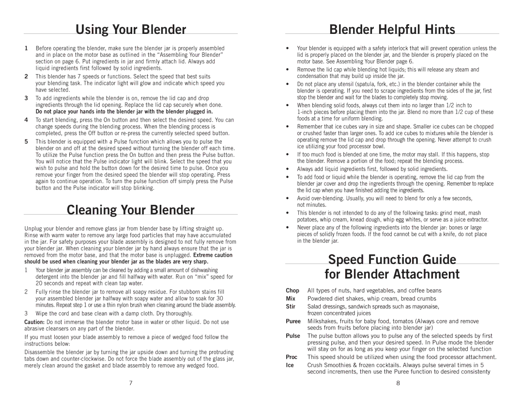 Wolfgang Puck BBLFP001 operating instructions Using Your Blender, Cleaning Your Blender, Blender Helpful Hints 