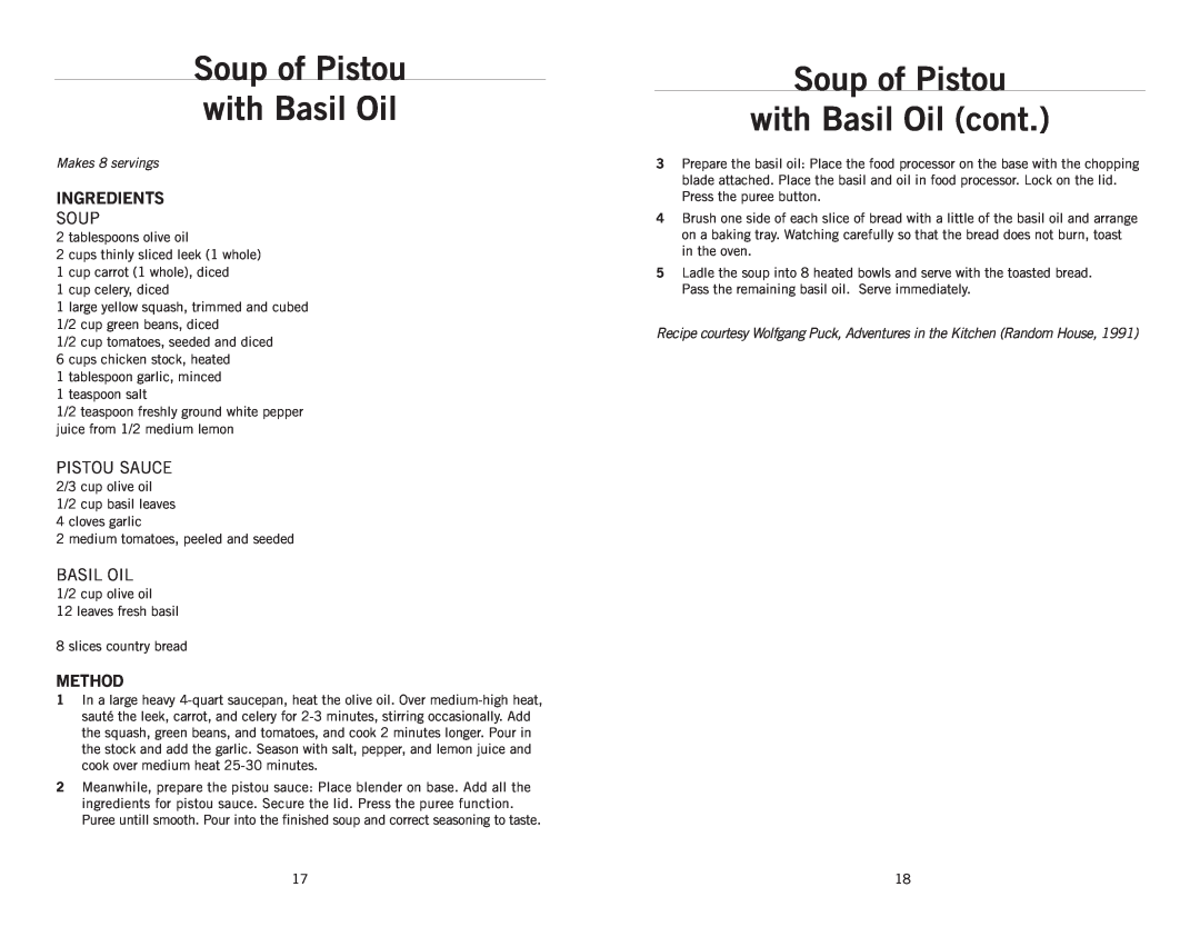 Wolfgang Puck BBLFP001 operating instructions Soup of Pistou with Basil Oil cont, Ingredients, Method, Makes 8 servings 