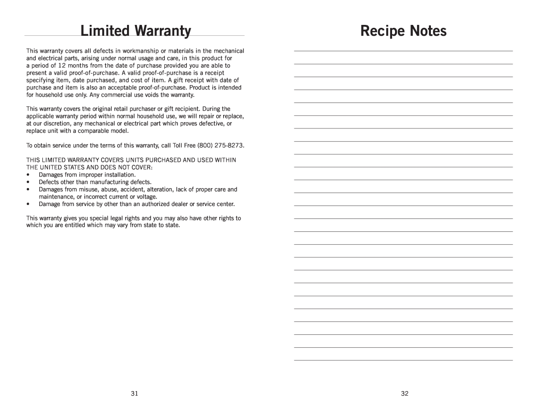 Wolfgang Puck BBLFP001 operating instructions Limited Warranty, Recipe Notes 