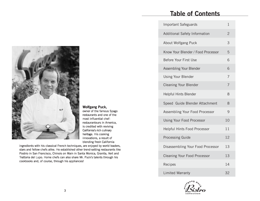 Wolfgang Puck BBLFP001 operating instructions Table of Contents, Wolfgang Puck 