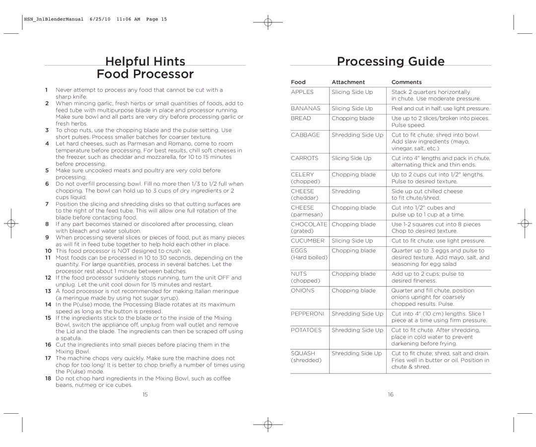 Wolfgang Puck BBLFP050 manual Helpful Hints Food Processor, Processing Guide 