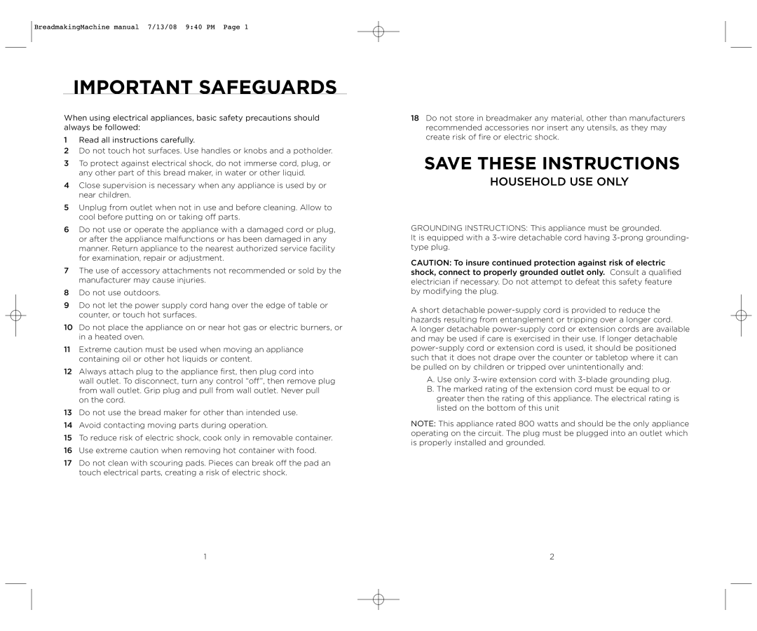 Wolfgang Puck BBME025 manual Important Safeguards 