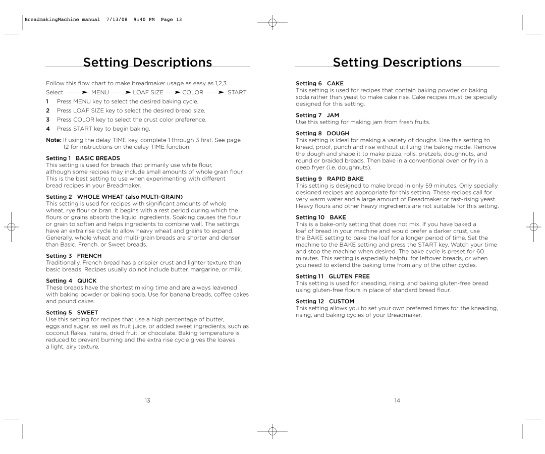 Wolfgang Puck BBME025 manual Setting Descriptions, Menu Loaf Size Color Start 