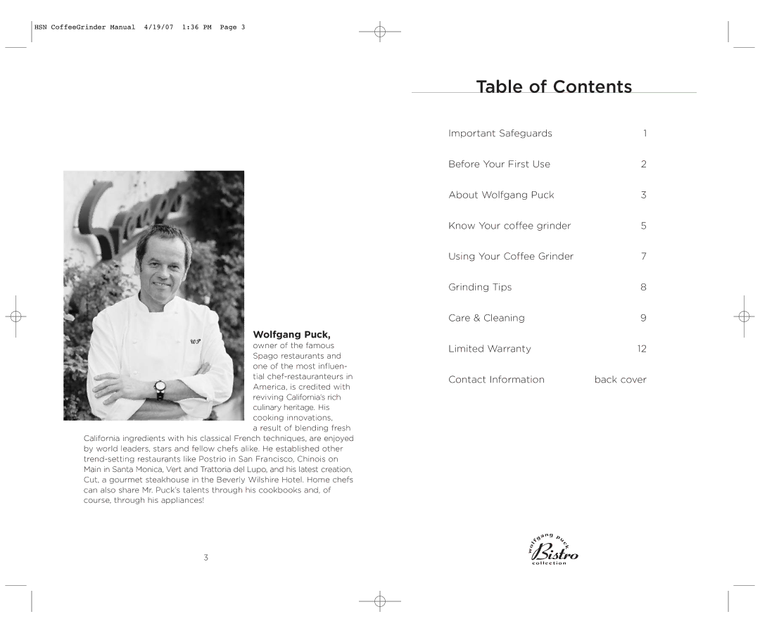 Wolfgang Puck BCBG0012 manual Table of Contents 