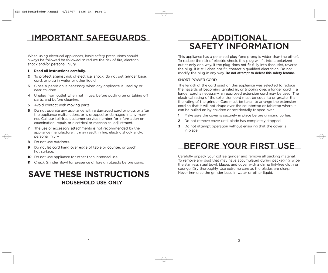 Wolfgang Puck BCBG0012 Important Safeguards, Save These Instructions, Additional Safety Information, Before Your First Use 